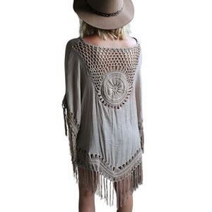Women’s Bohemian Crochet Medallion Fringe Shawl/Kimono/Cover Up Tan One Size